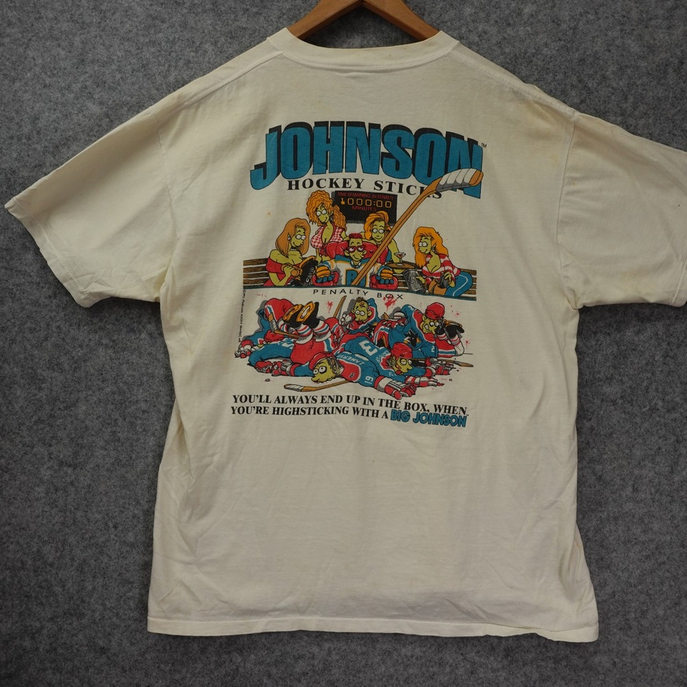 Vintage 1993 Big Johnson T Shirt XL Single Stitch Distressed Hockey Gag Cartoon